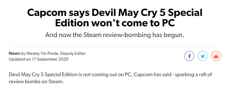 《鬼泣5特别版》不会登陆PC Steam评论区炸了插图1 《鬼泣5特别版》不会登陆PC Steam迎来差评轰炸