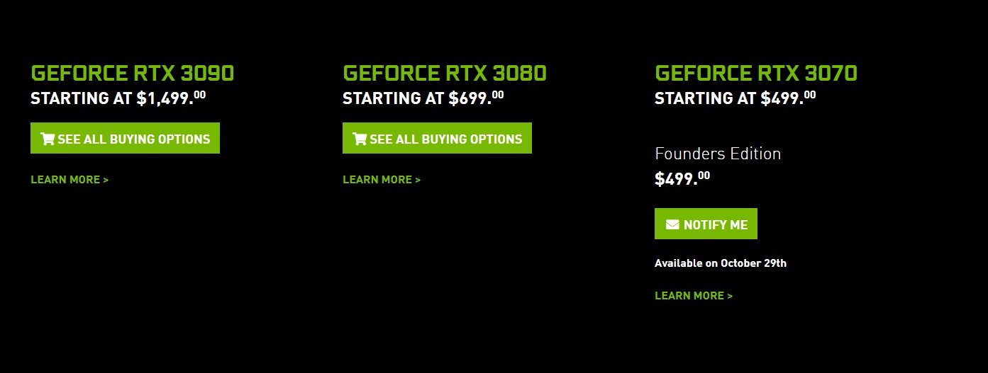 英伟达官网更改信息：RTX 3070发售时间跳票至10月29日