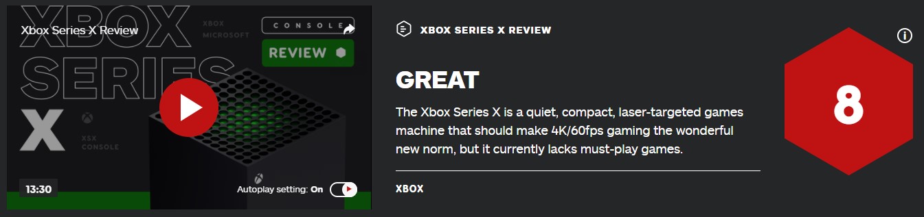 IGN评分:“Xbox Series X主机” — 8分插图 Xbox Series X IGN 8分:让4K/60FPS成为新的游戏标准