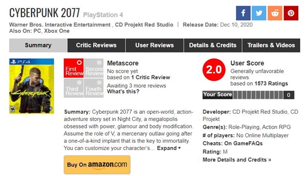 《赛博朋克2077》MC遭遇大量低分评价,PS4版仅2分插图1 《赛博朋克2077》惨遭Metacrtic玩家低分轰炸